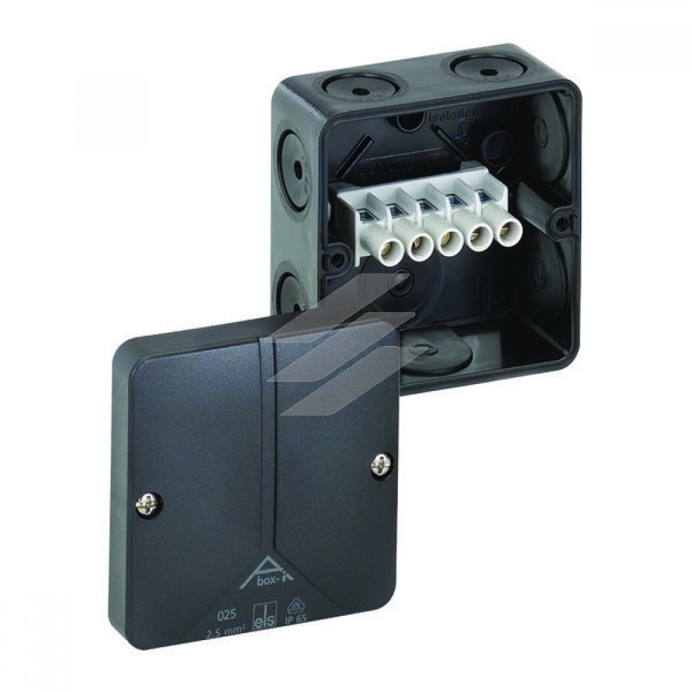 Розподільча коробка Aboх-i 025-2.5² (80х80х52мм), клема 5х2.5мм² (4х1.5²-4х2.5²/на кожний полюс), полікарбонат, 8 метричних вводів (7-М20, 1-М20 на днищі), IP65 чорна, Spelsberg